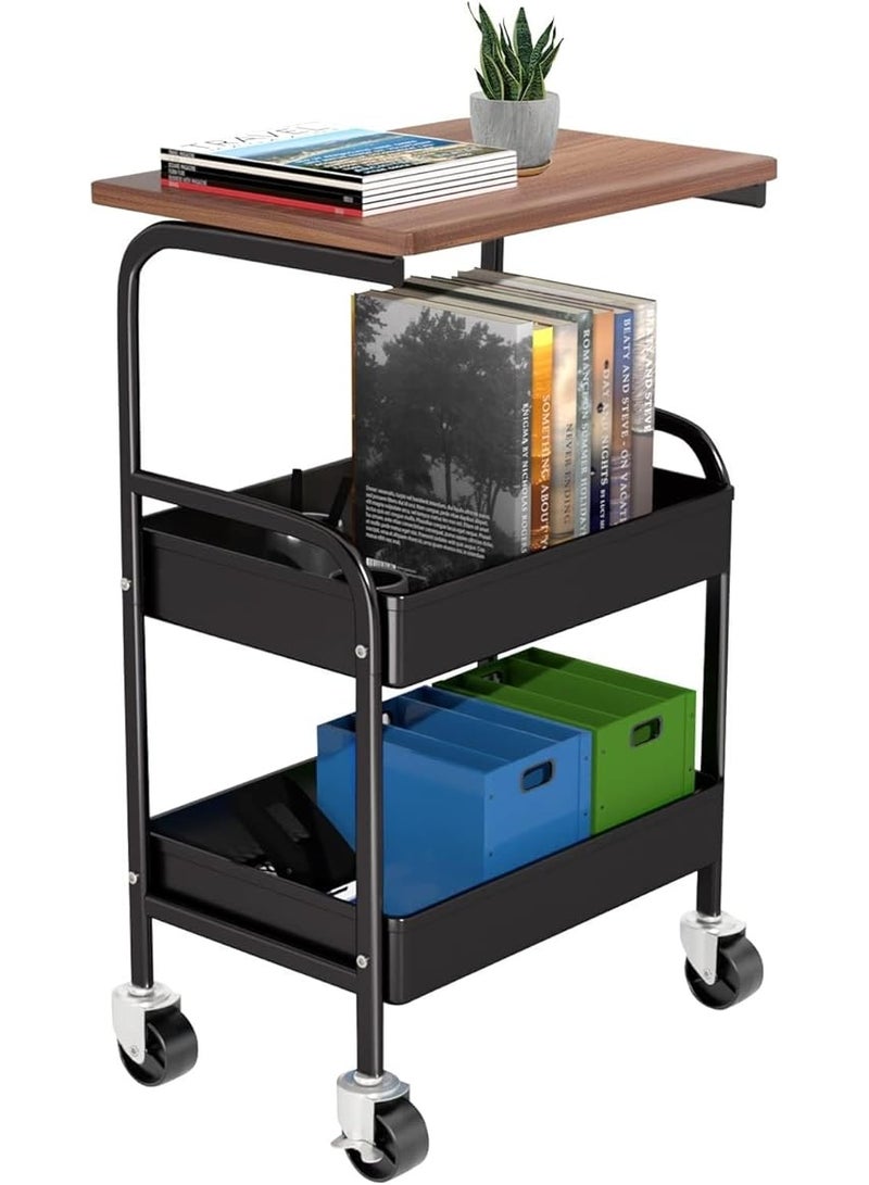 Rolling Cart with Wooden Tabletop, 3 Tier Metal Utility Cart, Rolling Storage Organizer Cart with Lockable Wheels for Kitchen, Office, Bedroom - Black - Image 1